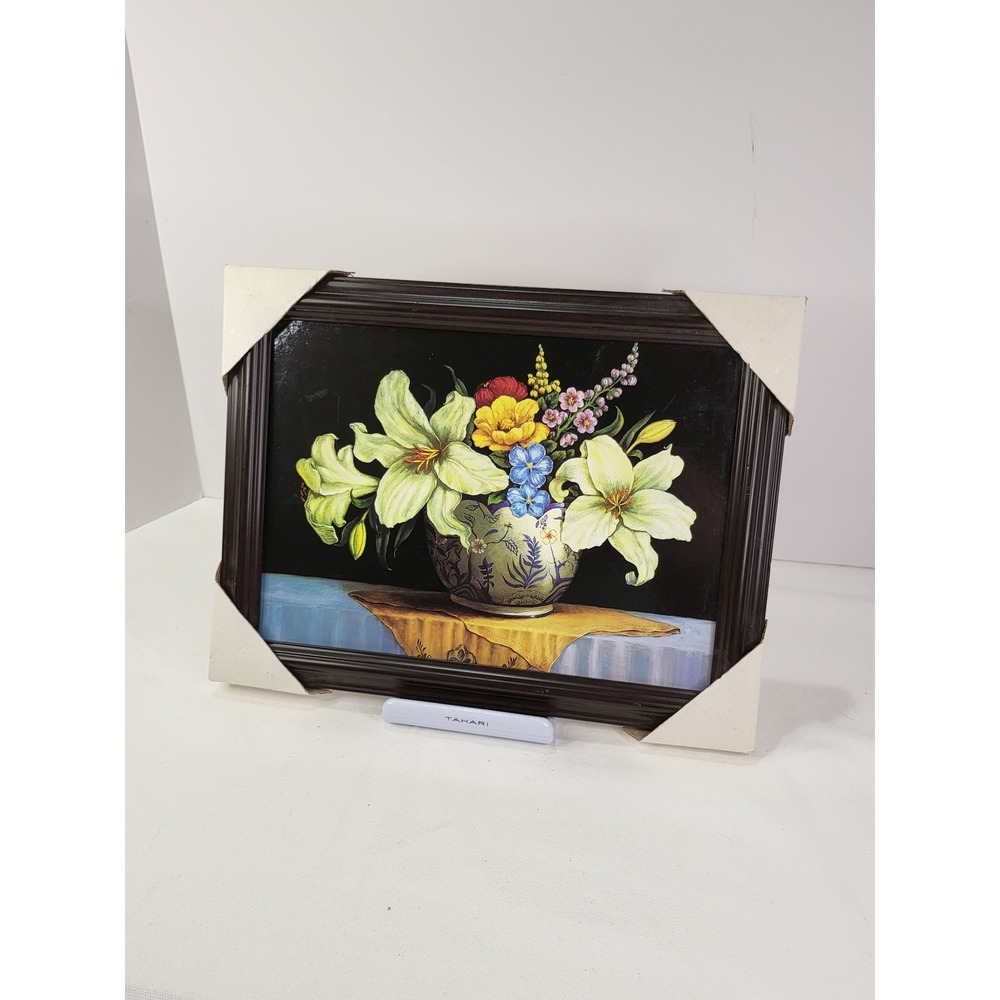 Floral Still Life Framed Art Print Lilies in Vase Black Background 15.5x11.5
